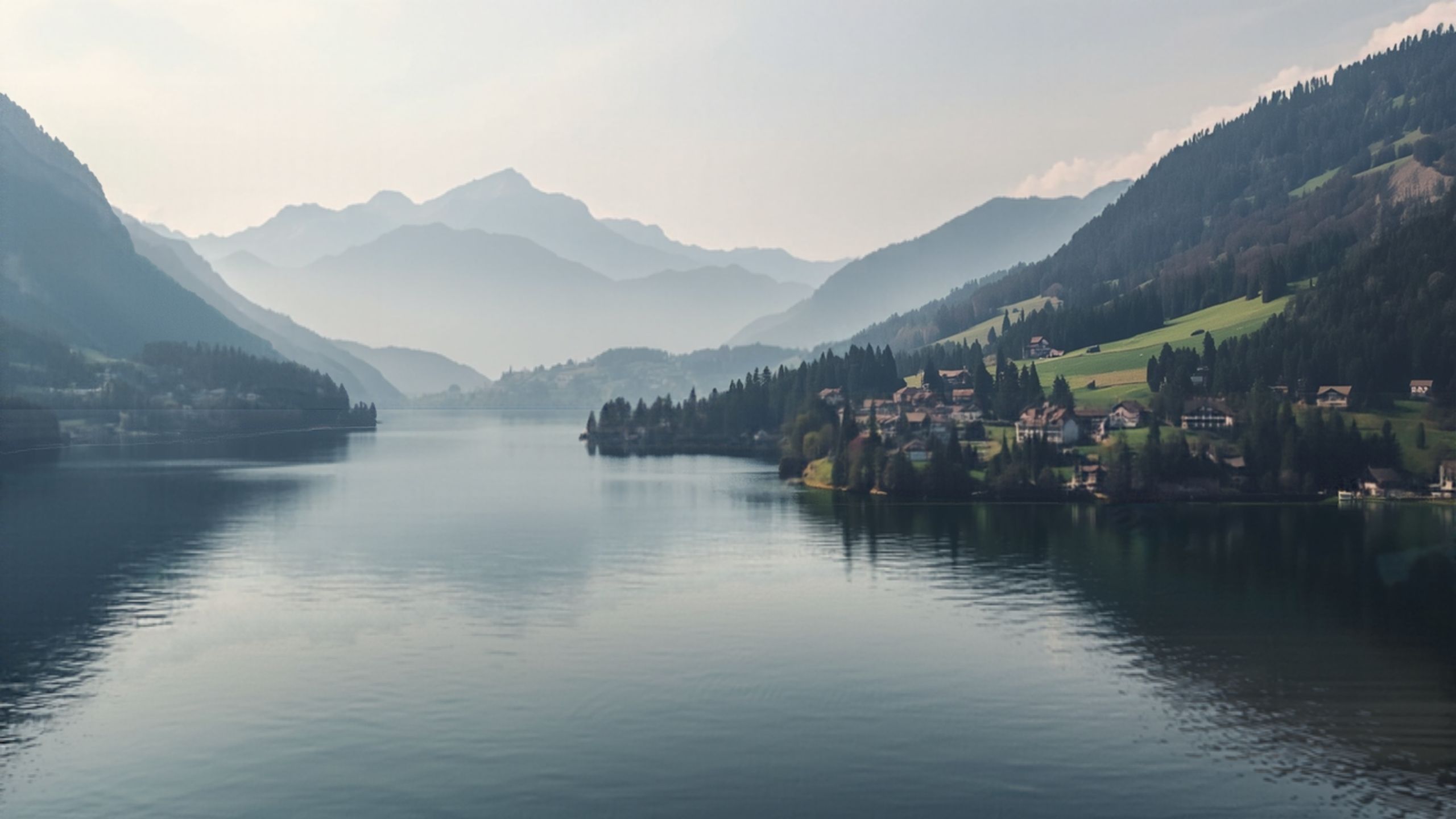 Illustrative Luftaufnahme: See, Dorf am Hang, Berge
