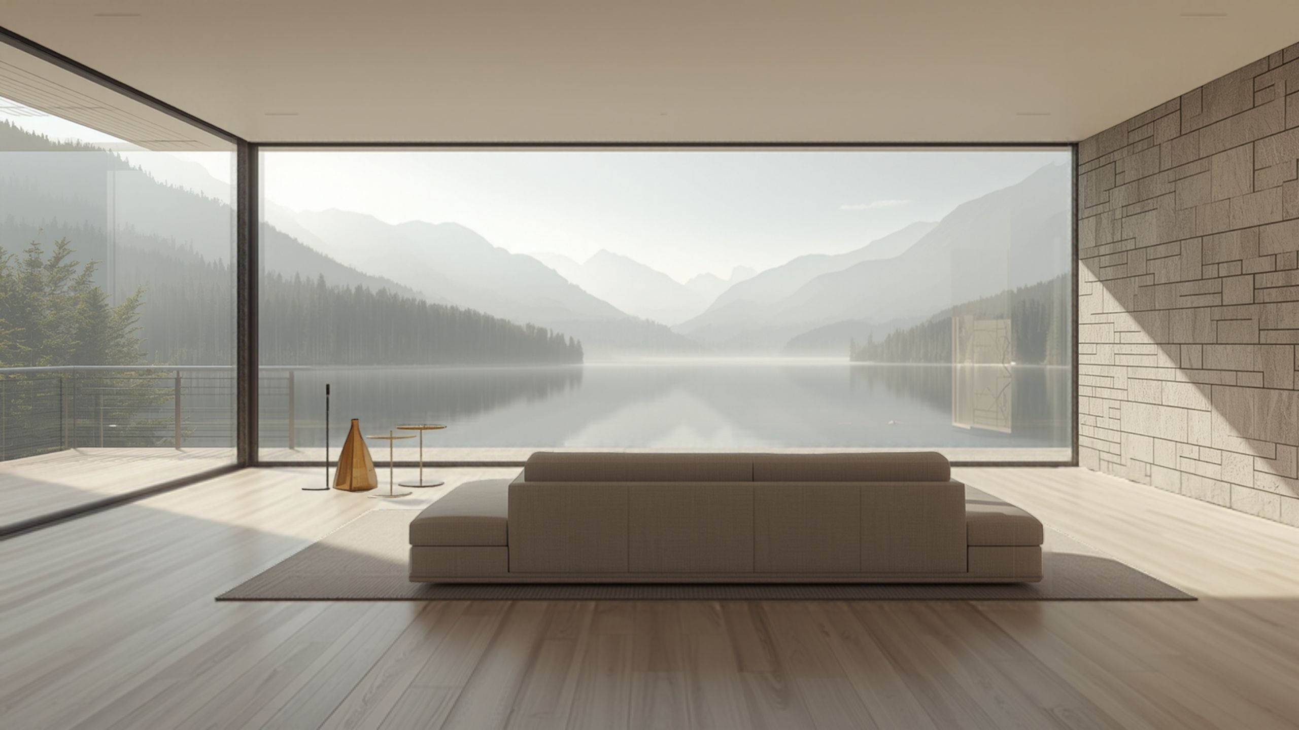 Illustrative Visualisierung: Wohnraum mit raumhohem Glas und Seeblick